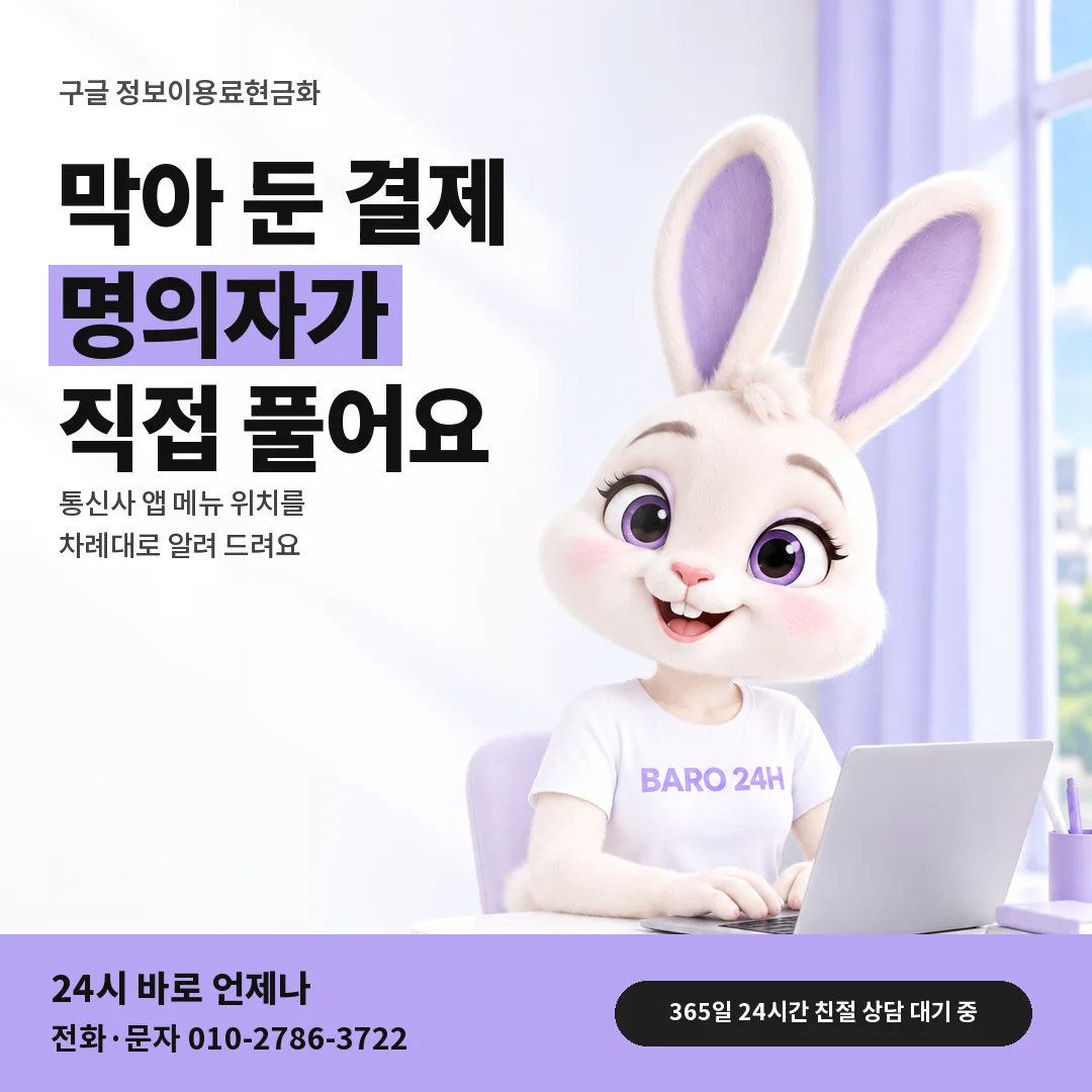BARO 24H 티셔츠를 입은 3D 토끼 캐릭터 옆에 「구글 정보이용료 차단 해제」 제목을 얹은 안내 카드