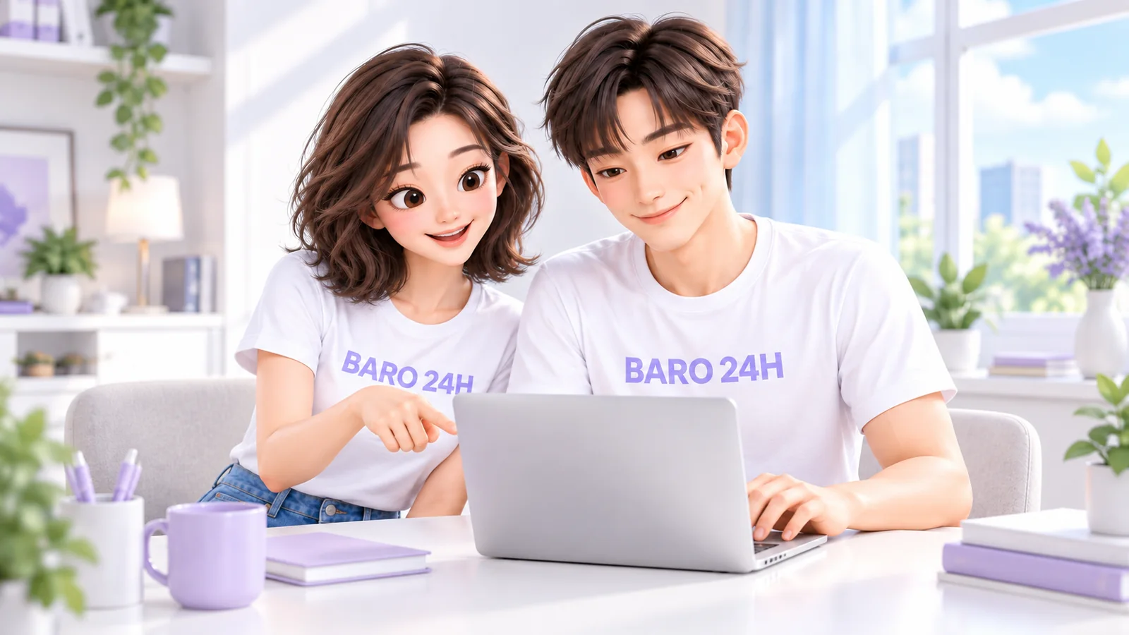 카페 같은 밝은 방에서 휴대폰과 노트북으로 상담 내용을 함께 보는 BARO 24H 티셔츠 차림의 3D 인물