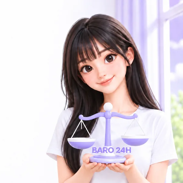 저울을 들고 안내 내용을 비교해 보는 3D 인물